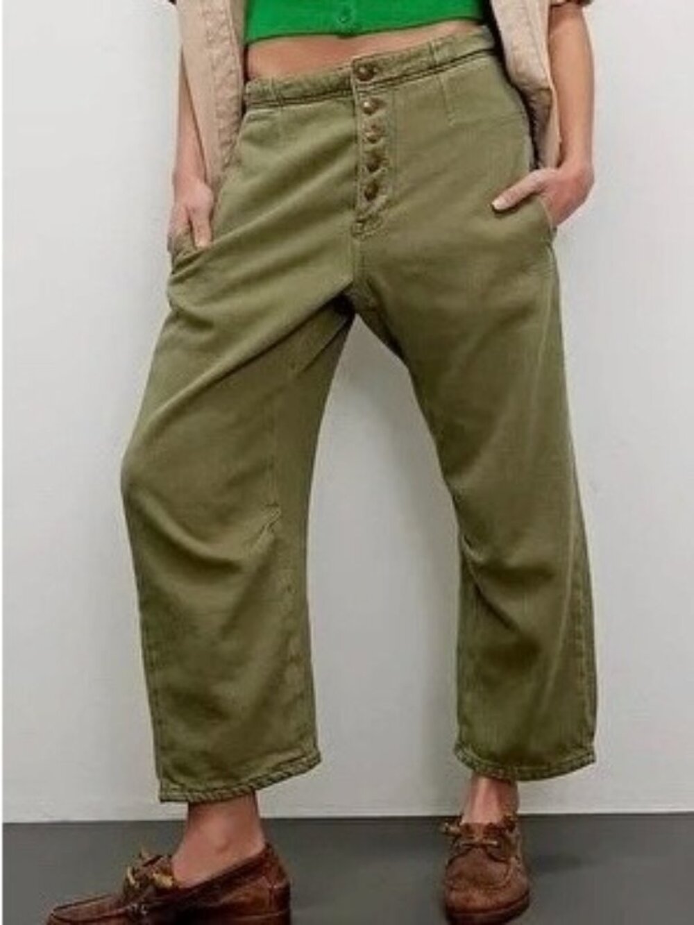 We The Free Osaka Mid Rise Barrel Pants Size 28 Green Slouchy Relaxed Fit Boho